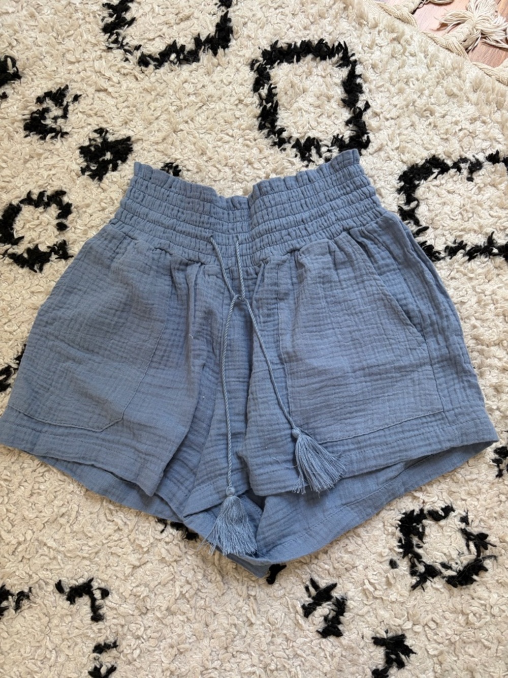 Indigo Rein Light Blue High-Waist Smocked Shorts with Tassels